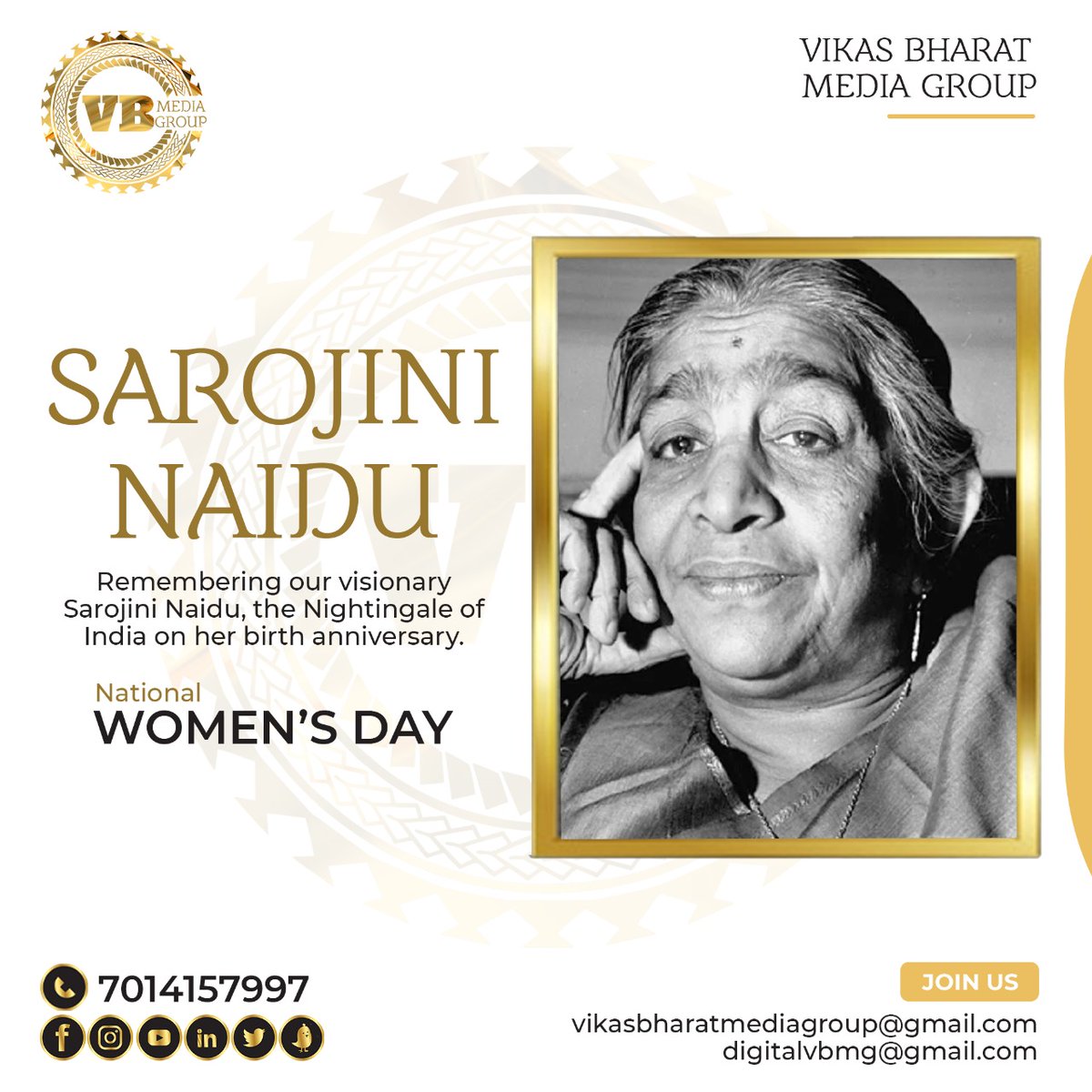 vbmg_india's tweet photo. Remembering our visionary Sarojini Naidu, And wishing all the women a happy National Women’s Day.
Like she always used to say, “We want deeper sincerity of motive, a greater courage in speech and earnestness in action.” #sarojininaidu #nationalwomenday #vbmg https://t.co/p305aA3Rth