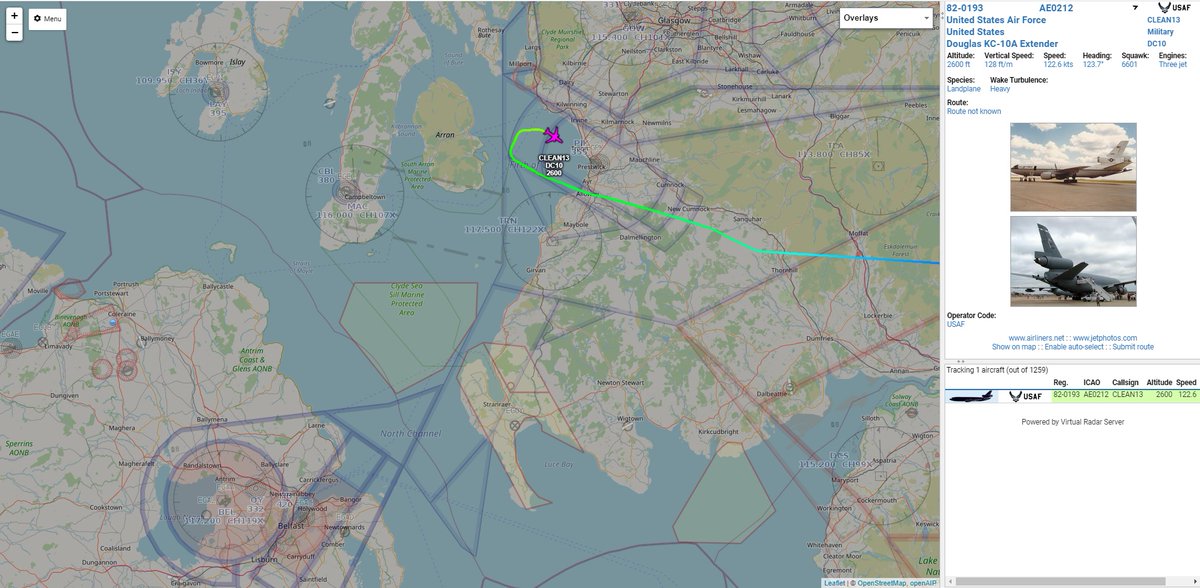 GI7SOB's tweet photo. Clean 13, one of the KC-10s involved in the F-22 Raptors deployment to Al Dhafra Air Base yesterday, drops into Prestwick this morning:
#AE0212 Clean 13 USAF KC-10A 82-0193 60AMW LGSA/EGPK https://t.co/4qke4UjA3g
