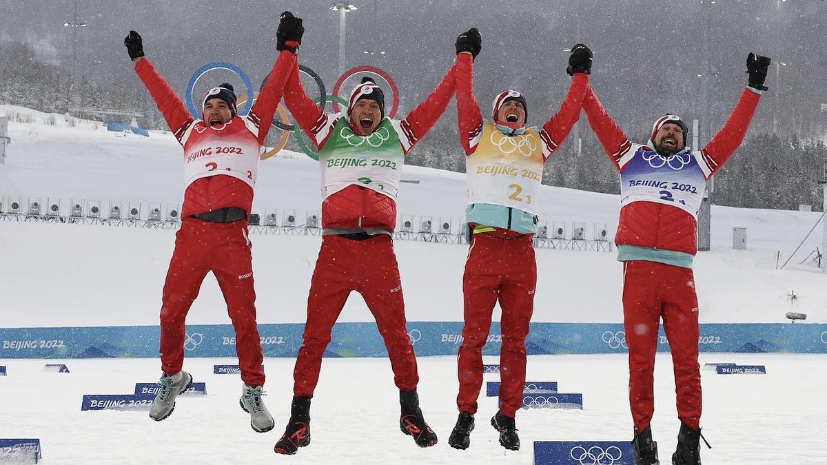 Russia's tweet photo. ⚡️ #Breaking: @Olympic_Russia cross-country skiing team earned GOLD in the prestigious men’s 4x10km relay at @Beijing2022.

🏆 The #Victory is a first for our guys... in 42 years❗️

⛷ #Legends: Alexey Chervotkin, Alexander Bolshunov, Denis Spitsov &amp; 🦸‍♂️ Sergey Ustyugov. https://t.co/KfpWhgCHpm