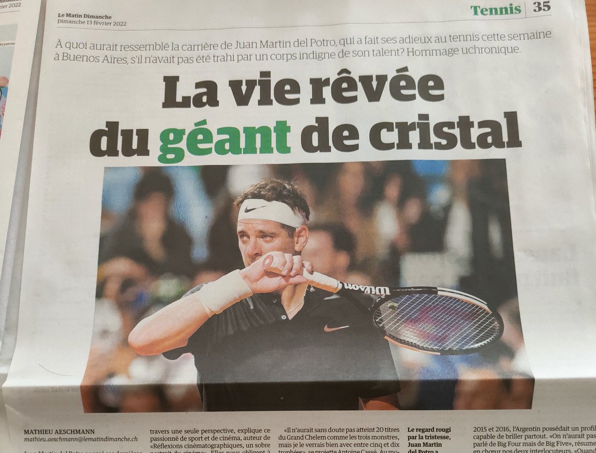 Excellent hommage uchronique réalisé par <a href="/maeschmann/">Mathieu Aeschmann</a> dans le <a href="/lematindimanche/">Le Matin Dimanche</a> à Juan Martin Del Potro. Quel joueur! Qui sait ce qu'il serait advenu de sa carrière sans cette série de blessures.
