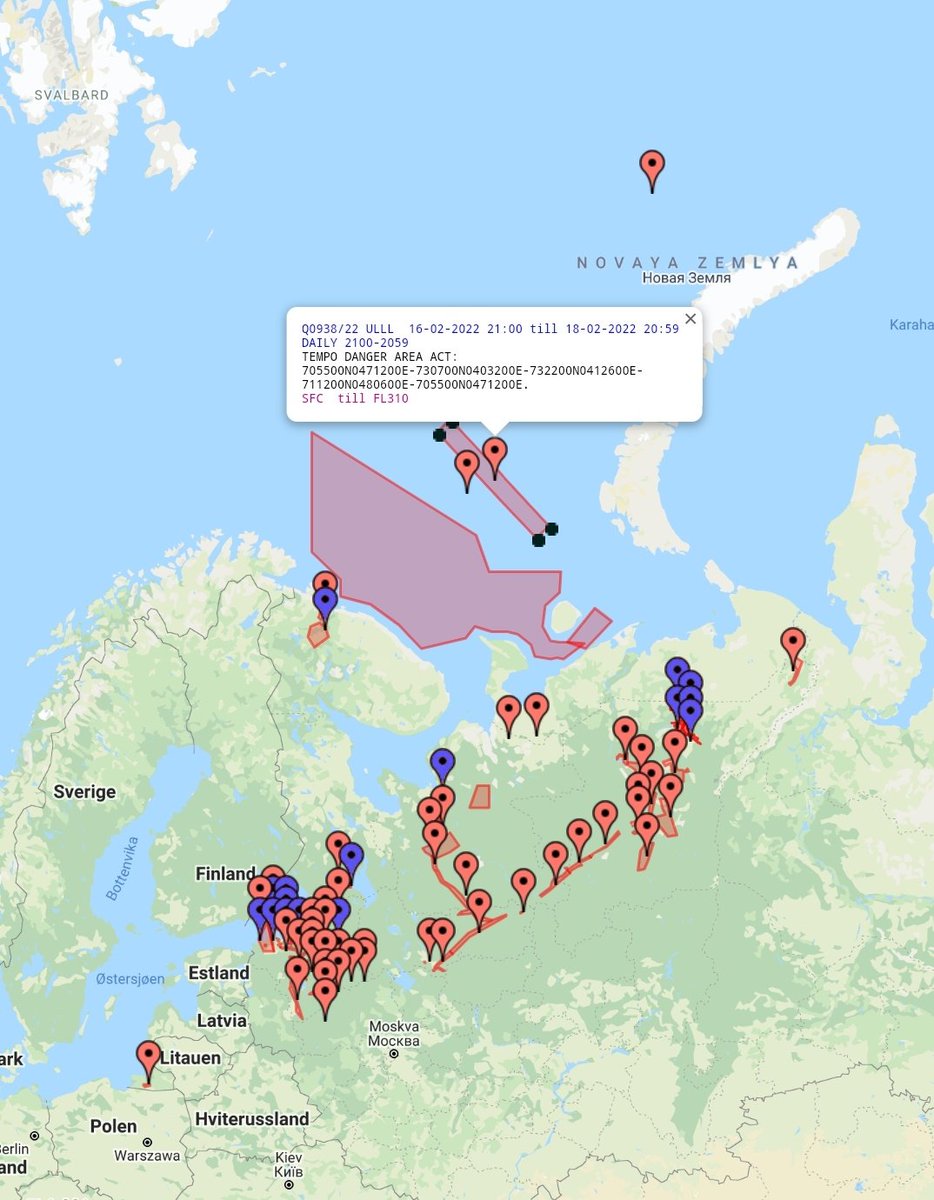 The_Lookout_N's tweet photo. NOTAMS corresponding to the NAVWARNs below start to appear.
Notably, the large NOTAM north of Kola has a second area north of Severnaya Zemlya.
This strengthens the hypothesis that Grom commences next week. The areas are active from the 16th to 18th/19th. https://t.co/EQfa87Od2s