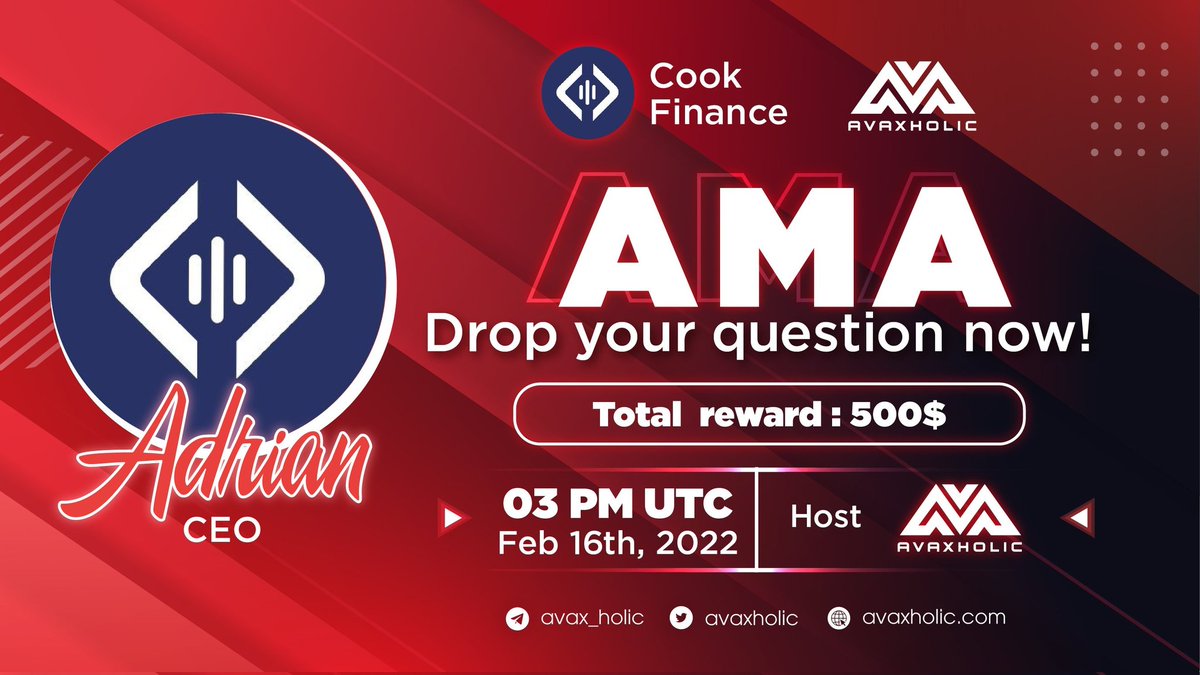 AvaxholicVN's tweet photo. 🔺#AMArush: Cook Finance x Avaxholic🔺

👨 Khách Mời: Adrian - CEO của @cook_finance 
⏰ Thời Gian: 3:00PM UTC - 16/02/2022
🎁 Thưởng: $500
🗣️ Tham Gia Group Chat https://t.co/xgmI80EGta
🔗 Đặt Câu Hỏi Tại Đây : https://t.co/XbS8InuNbd

#Avaxholic #CookFinance #AVAX https://t.co/71vvso645z