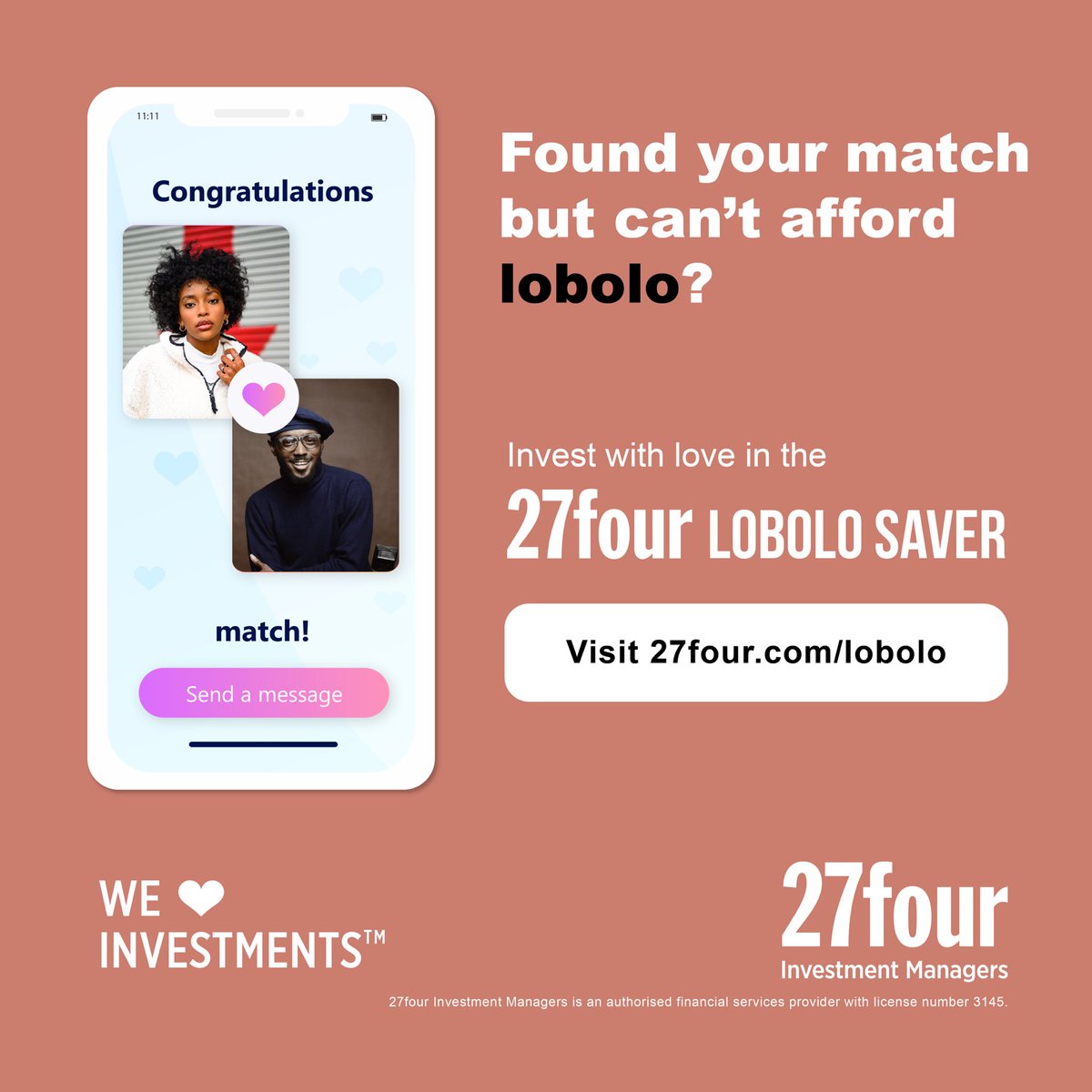 27four's tweet image. Invest with love. Save towards #lobolo in a low risk fund and earn competitive returns. Start from as little as R250 per month and get immediate access to your money when that special moment arrives. #ValentinesDay 27four.com/lobolo/ 😍