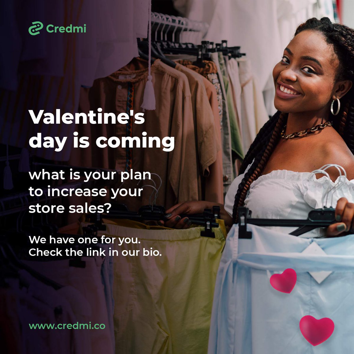 credmidotco's tweet photo. There is still enough time to smash huge valentine sales.
A captivating sales offer can do the trick.
Visit https://t.co/ewvzq8o3Yg to get started.
#credmi
#ValentinesDay2022 https://t.co/t9zpMIvXTz