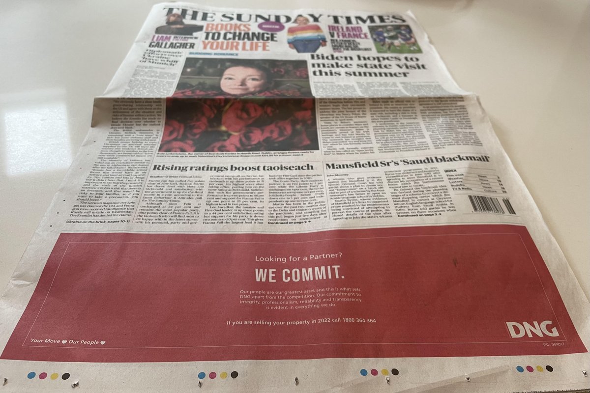 keithplowe's tweet photo. Sunday moning & with St Valentine's Day tomorrow we have certainly added to the look of this morning's @SunTimesIreland newspaper with our @dng_ie St Valentine's themed campaign - Looking For a Partner? - WE COMMIT. #valentines2022 #dngloveproperty #dnglive https://t.co/qIAaqPYbXd