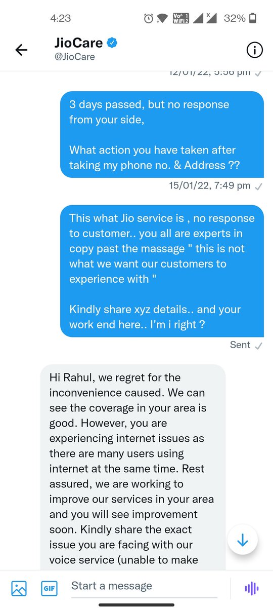 RdSoni23's tweet photo. Worst service provider, not even responding to customer, asking rendom repeated questions, but no action #jionetwork #jio #jiocustomercare #Reilance @TRAI https://t.co/X4QKvAtF9g