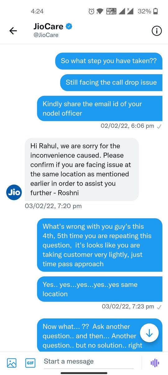 RdSoni23's tweet photo. Worst service provider, not even responding to customer, asking rendom repeated questions, but no action #jionetwork #jio #jiocustomercare #Reilance @TRAI https://t.co/X4QKvAtF9g