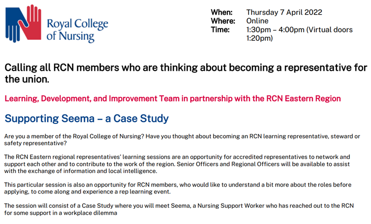 RCNEastern's tweet photo. Are you interested in becoming an RCN rep but want to find out more about the different roles and what is involved? You can join our next rep learning event on 7 April to learn more and meet other current reps. Please apply for your place on the website https://t.co/8bCUOWkSSz https://t.co/A0FAFxqrPx