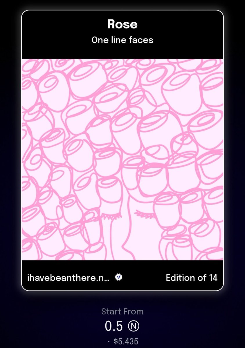 IhaveBEANthere's tweet photo. Special card for Valentine's Day in #Onelinefaces collection!
✏️drawn with a non-stop line
🌹https://t.co/yFea8oX6E6
🌟Only 14 editions
💝0.5 NEAR
#Parasnft #Paras #NEARnft #NEARverse #NEARProtocol #nearcollector #NEARartist #NFTartwork #NFTcollections #NFTs #Onelinefaces https://t.co/TCogqu27JR