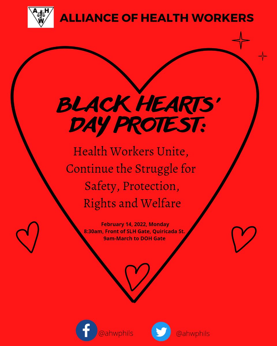 ahwphils's tweet photo. On Heart's Day, health workers coming from public and private hospitals are set to hold a "Black Hearts' Day Protest" tomorrow to condemn the DOH and Duterte administration's continued and outright negligence to their safety, protection, rights and welfare. https://t.co/VHzWCJLNb3