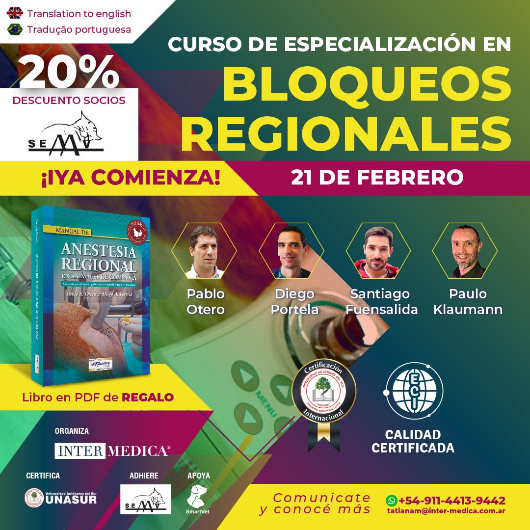 Curso de especialización en bloqueos regionales en pequeños animales, impartido por cuatro grandes de la anestesia veterinaria: <a href="/otero_prof/">Prof. Pablo E Otero</a>, <a href="/diegoportelaMV/">Diego A Portela</a>, Santiago Fuensalida y Paulo Klaumann. Socios de <a href="/_SEAAV/">SEAAV</a> 20% de descuento 🐶🐱💉🩺🖥