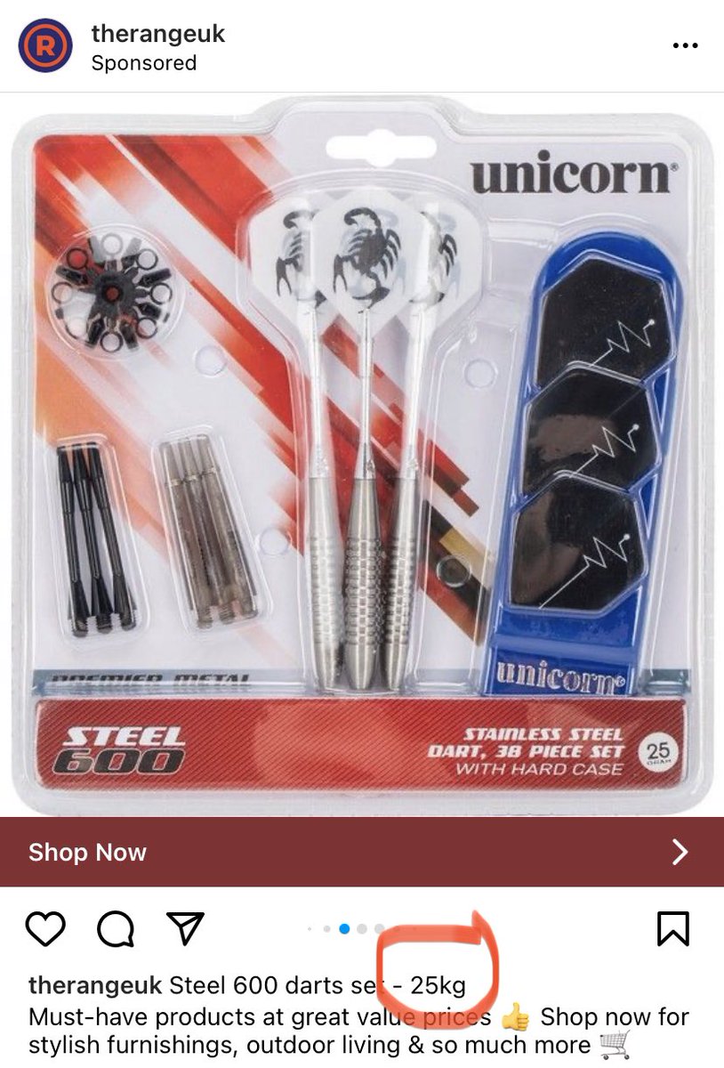 DartsLad's tweet photo. @TheRangeUK selling 25kg darts 🤣 I wouldn’t be even to lift one let alone throw it 🤣 #darts https://t.co/s3A1WGlzqA