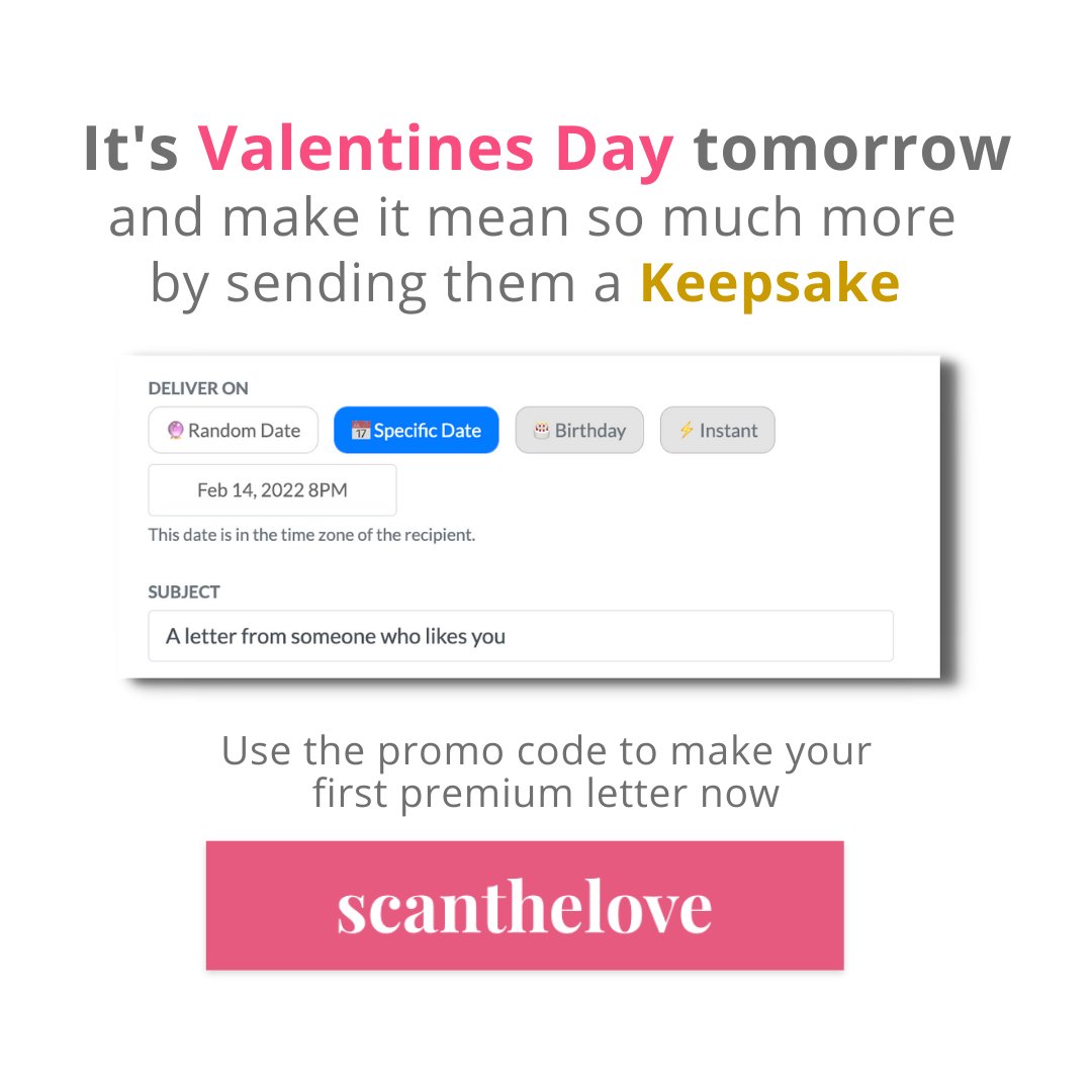 keepsakeletter's tweet photo. It's valentines day tomorrow - but it doesn't mean it's too late for you to make them a Keepsake 💌

Head over to https://t.co/aD2p29vSIW and use our promo code to make your first premium vday letter before it's too late❤️ https://t.co/n8mwGi9Rzo