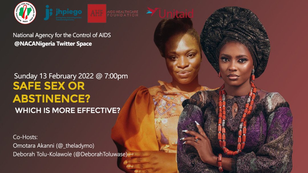 NACANigeria's tweet photo. Our first ever space is being supported by @AHFNigeria @Jhpiego @EVA_Nigeria @UNICEF_Nigeria while @_theladymo and @DeborahToluwase will co host. It will be fun. Join us. #InternationalCondomDay #LoveWisely #HIVFreeVal https://t.co/2YDvyED9Bb