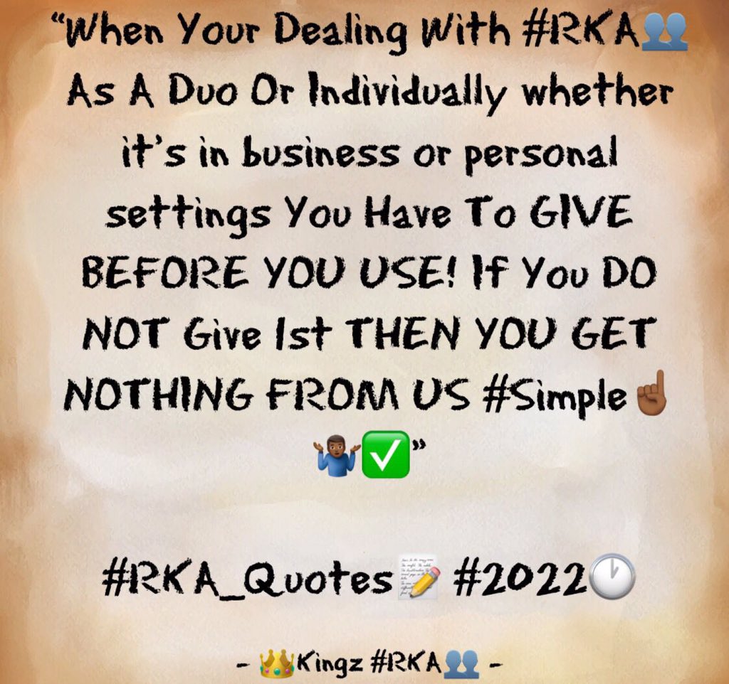 Kingz_MGs's tweet photo. #RKA_Quotes📝#2022🕐 #YoutubeUs💻 #SoundcloudUs🎶 #RKA👥
OUR CHANNEL, PAGES 💻 & CONTACT INFO👇🏾👇🏾👇🏾
#RKA youtube💻 page:
https://t.co/mpMOGJCeKj
#RKA SoundCloud🎵:
Recksz N Kingz #RKA
@recksz-n-kingz-rka https://t.co/KWNQvzYfN0