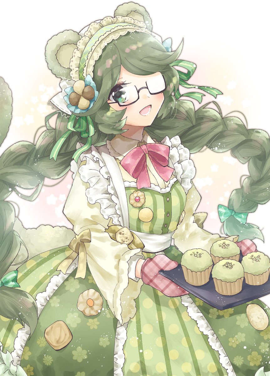 1girl braid animal ears solo green hair oven mitts dress  illustration images