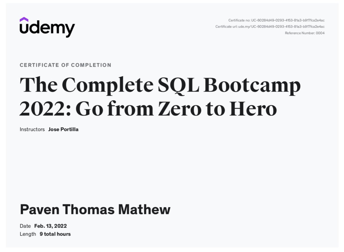 Mathew_Paven's tweet photo. Happy to share my recent completion of #SQL course on @udemy. I am now confident to work with different database and looking forward to develop the skill in real world scenarios. Continuing my journey to the next course.
https://t.co/fxX4U5rJ4g https://t.co/naPo1pM6Zt