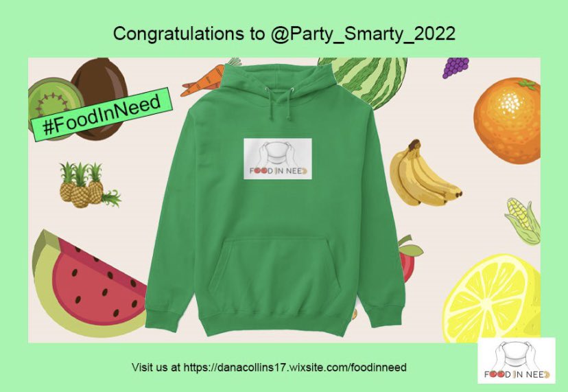 FIN_FoodInNeed's tweet photo. Congratulations to @PartySmartyCamp for winning our green #FoodInNeed hoodie! https://t.co/qfZcFaSuGm