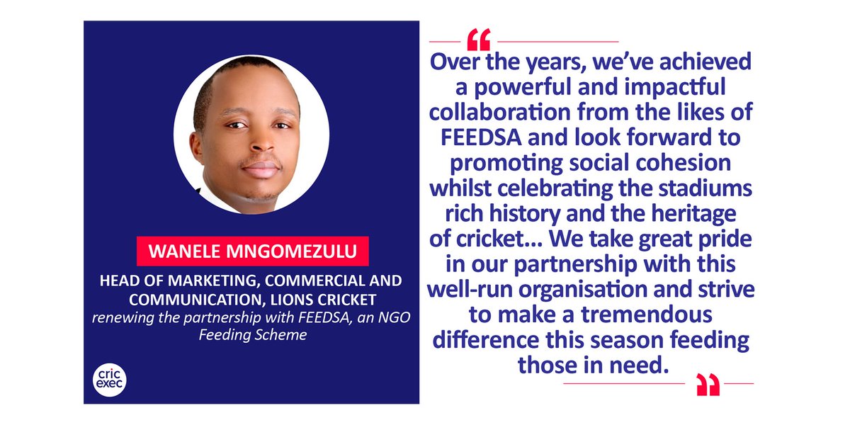 cricexec's tweet photo. 🗨: Wanele Mngomezulu, Head of Marketing, Commercial and Communication, @LionsCricketSA (renewing the partnership with FEEDSA, an NGO Feeding Scheme)
➡️https://t.co/woq7j81Zf6
@LionsCricNews @Mawazawaza_ #ThePrideOfJozi #LionsCricket #Equality4All #FeedSA https://t.co/jMeAreSHjT