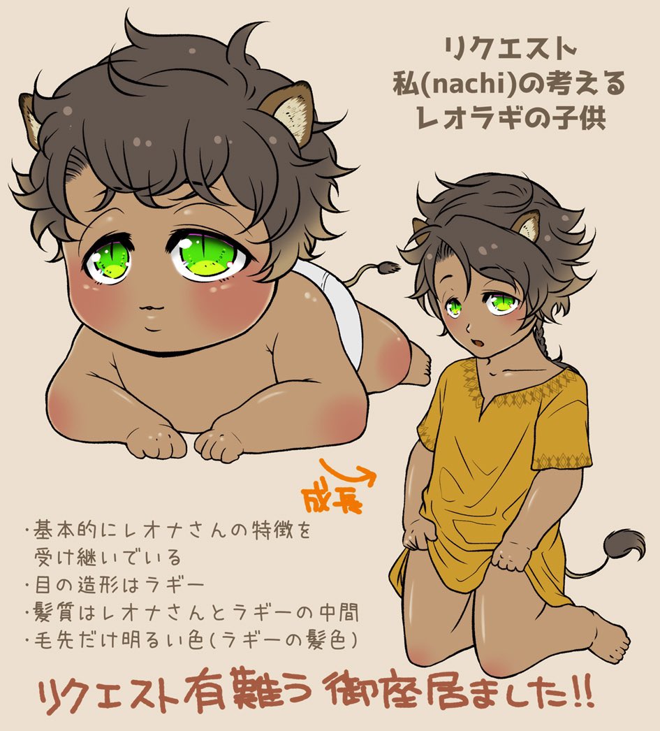 #twst_BL レオラギ
※※🦁🍩の捏造ベビ※※
再掲

ベビ🍩妄想してて思い出した
🦁🍩の子供(不思議な力である日突然現れたという妄想)のリクエストを頂いた時のやつ 
