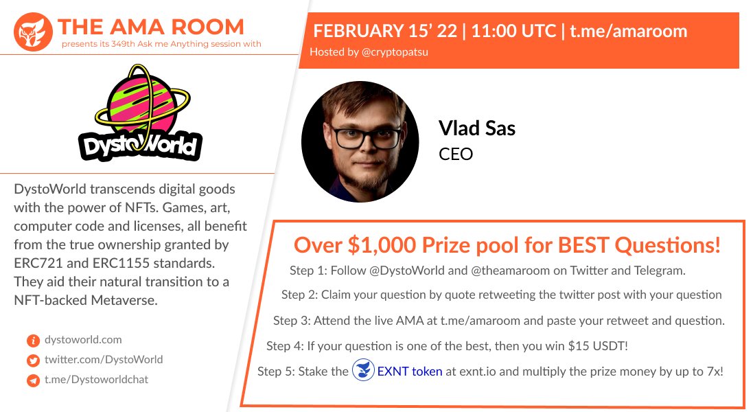 theamarom's tweet photo. Join @DystoWorld with your host @cryptopatsu for another #AMA 🔥

⌚️Feb 15 | TUE | 11:00 UTC
💰Over $1000 #Prize Pool
✔ QUOTE RETWEET this WITH your question to qualify!
📍https://t.co/F6PYTj9vWT

#DystoWorldxTheAMARoom $DYSTO #AMARoom #Giveaway 

ℹ️ https://t.co/LemhQDwYy4 https://t.co/gpOeRUCNZX