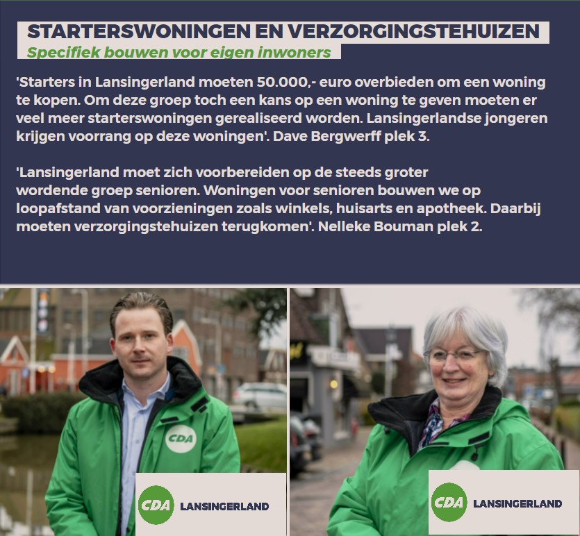 Starterswoningen en verzorgingstehuizen

'Starters in Lansingerland moeten 50.000,- euro overbieden om een woning te kopen'....

'Lansingerland moet zich voorbereiden op de steeds groter wordende groep senioren'...

Stem 16 maart CDA Lansingerland
#CDA #Lansingerland #zijaanzij
