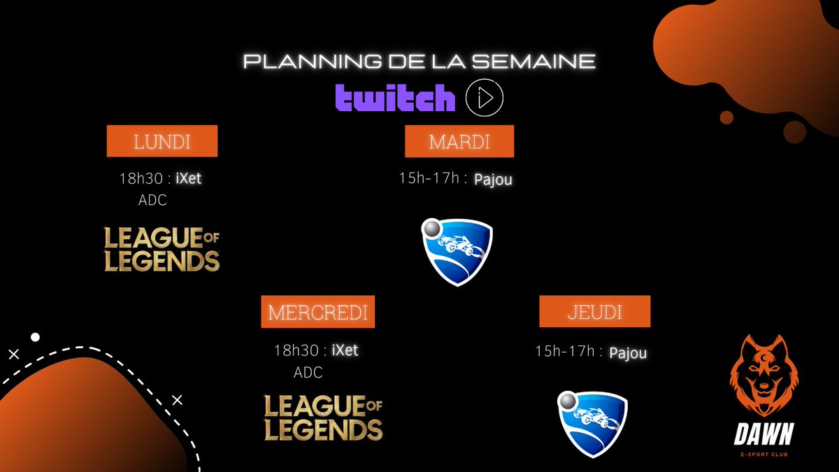 DawnESport's tweet photo. Planning des streams Twitch de la semaine à venir. 
Twitch: https://t.co/N62q4Znk6S

Pour être au courant des Lives spontanés suivez nous sur nos différents réseaux. 
FCDAWN🧡🖤

📌Discord:https://t.co/2tWNTqtjOU 
📌Instagram: https://t.co/cCEXY1JHe7 https://t.co/8WAoFXVgVb