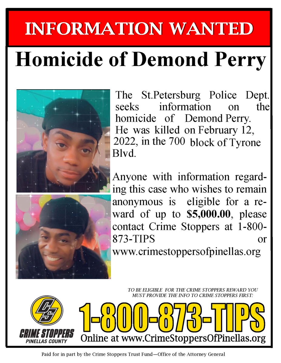 Fatal Crash now Investigated as Homicide
Reward of up to $5,000 offered for info on the homicide of Demond Perry. 26-year-old Demond Lamar Perry suffered gunshot wounds before he crashed on Tyrone Blvd Feb.12, @ 3 a.m.#stpetepd investigating.