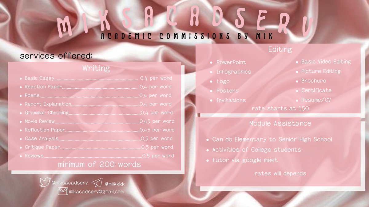 miksacadserv's tweet photo. Hey there, bestie! 🌸🌺 

Have a hard time with your activities? Don't you worry!
I'm Mik, and I'm here to help you 🌸🌺

Offering academic help for you — just hit me up in my dm. 

for feedback: #feedback4miksacadserv 

rates &amp; sample works are provided below: https://t.co/P4czxUvrd5