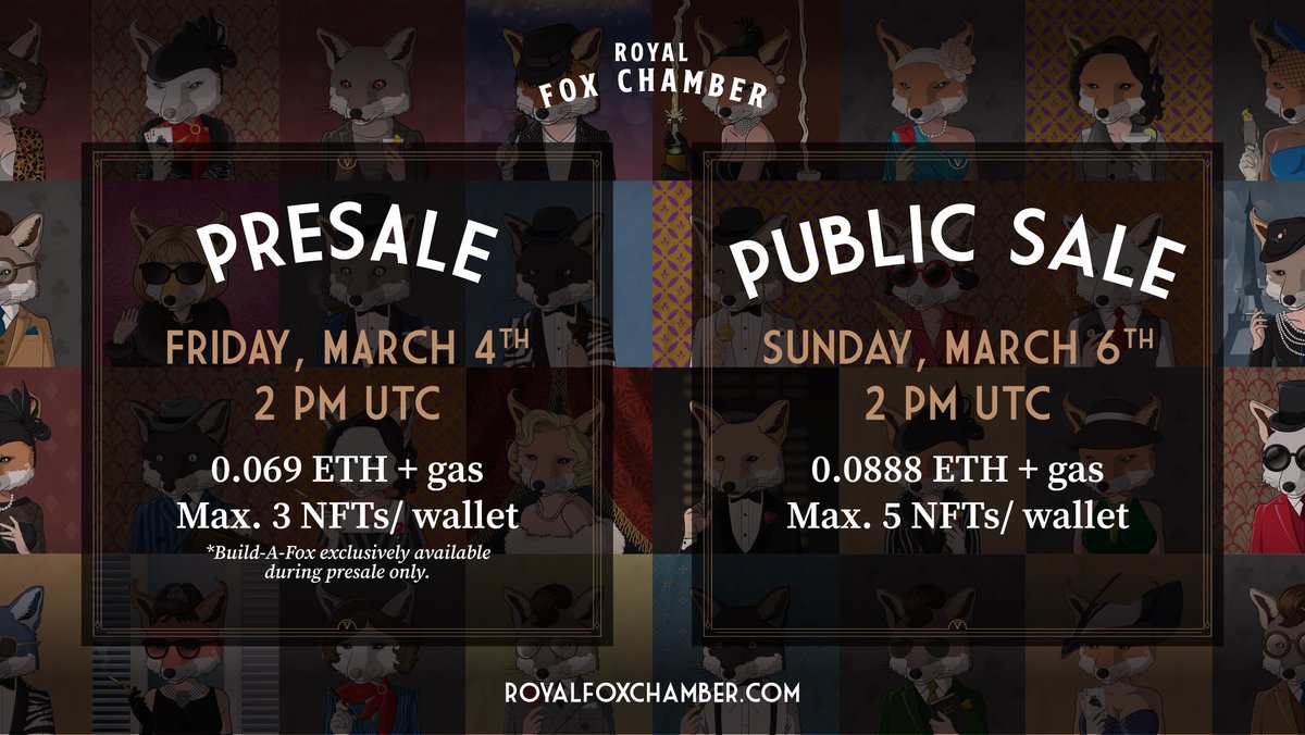Mark your calendars for our Pre &amp; Public Sale! Our Build A Fox is exclusive during Pre-Sale only. 

Folxes, are you ready to start rolling? Let's get ready now!

#NFT #NFTs
#NFTCommunity
#RFCNFT