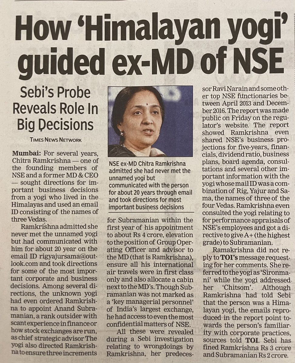 PritishNandy's tweet photo. This story is epic. A former MD and CEO of NSE, one of the world’s biggest exchanges, was sharing confidential data and taking advice on sensitive business issues from a yogi up in the Himalayas. Via email! A SEBI probe has revealed the tip of this iceberg. Now what? https://t.co/rvGmwpFLmX