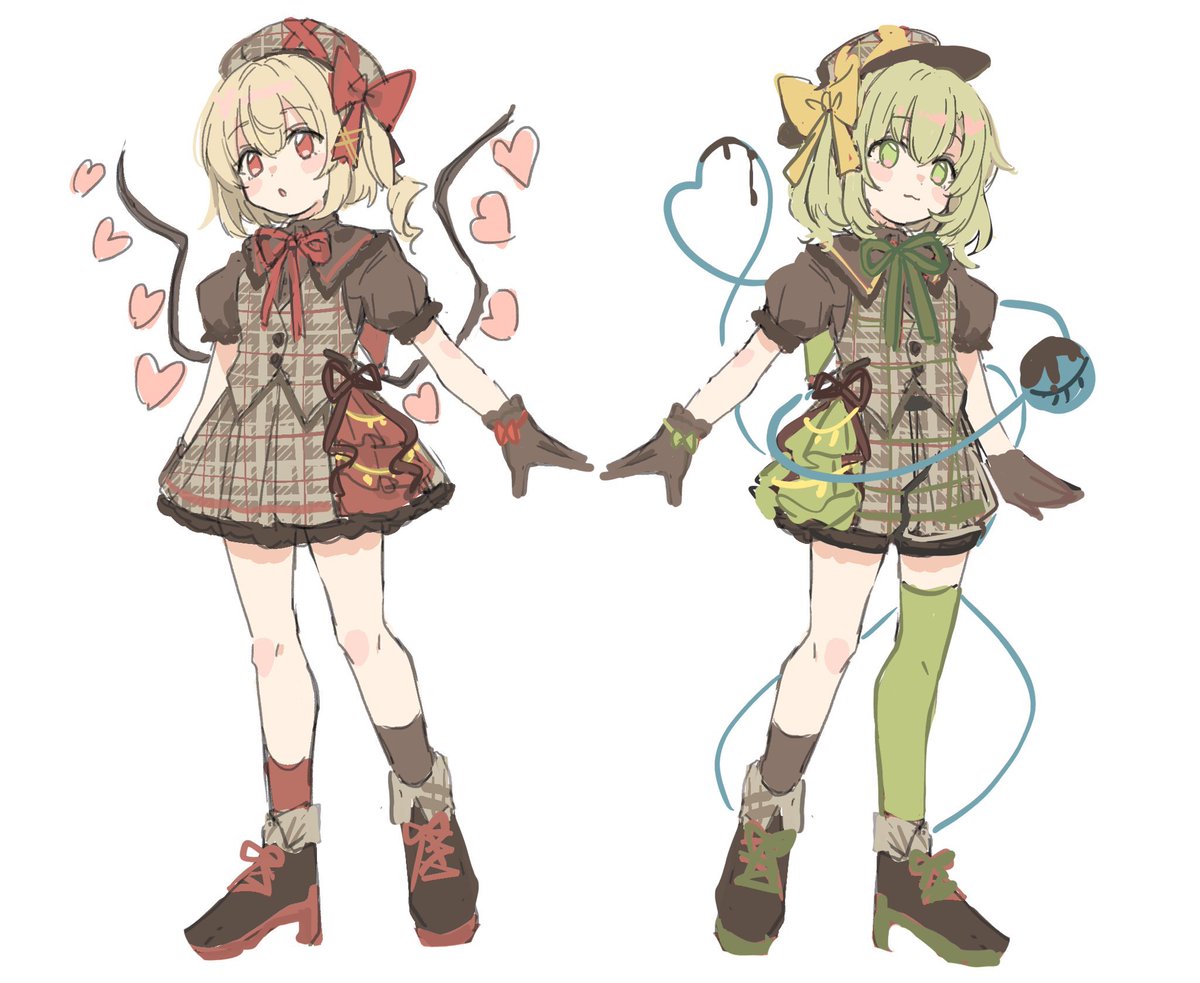 flandre scarlet ,komeiji koishi multiple girls hat 2girls gloves heart green eyes red eyes  illustration images