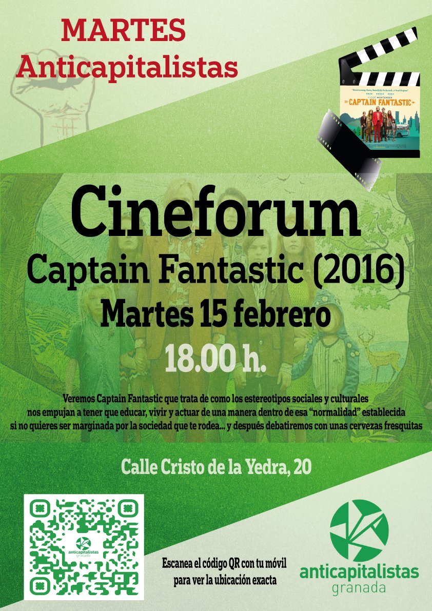 Este martes volvemos con nuestros martes Anticapitalistas y el cineforum con Captain Fantastic. Os esperamos a las 18.00 en nuestro local para ver la peli y debatir juntes con unas cervecitas fresquitas. #MartesAnticapitalistasGraná
#DebateYCerveza