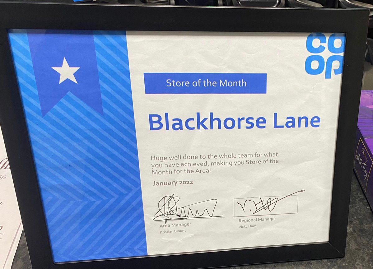 #Coopradio  please can you give a huge shout out to to my amazing team in Blackhorse Lane Superb start to 2022 😊 
Super proud of my team in Blackhorse Lane👏🏻🥳🎉 for being rewarded Store of the Month #teamwork #itswhatwedo