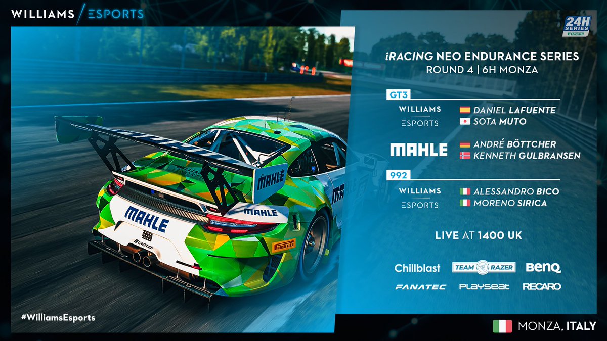 #iRacing | We are heading to Monza for another endurance race! <a href="/24H_ESPORTS/">24H SERIES ESPORTS</a> 

📺 LIVE on twitch.tv/williamsesports

#WilliamsEsports #SimRacing <a href="/MAHLE_Group/">MAHLE</a>