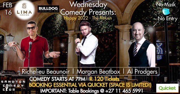 kkeketso's tweet image. This coming Wednesday night - we comedy @LimaTapas with @MorganBeatbox @alprodgers @richelieub 
Get your tickets for R120.00 via @QuicketSA - qkt.io/Lima16Feb

#comedy #wednesday #fun #funny #comic #comedian #sacomedy #joburg #montecasino