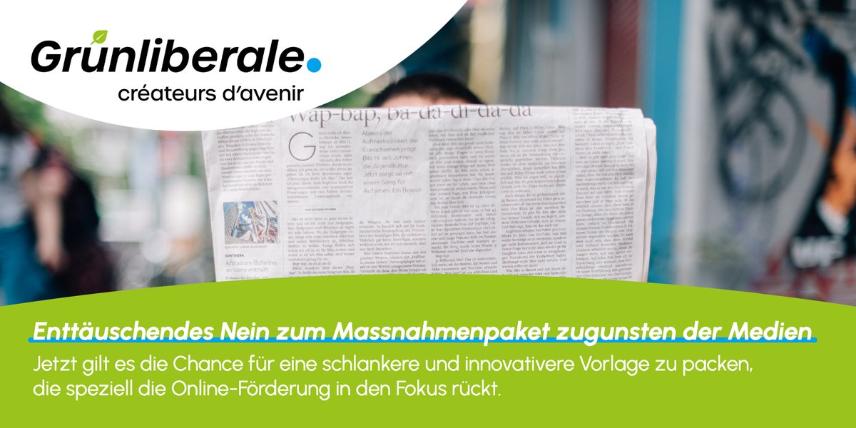 grunliberale's tweet photo. Die Ablehnung des Massnahmenpakets zugunsten der #Medien ist für uns enttäuschend. Die Ausarbeitung einer neuen Vorlage werden wir konstruktiv begleiten und uns für eine moderne Ausgestaltung der #Medienförderung einsetzen. #Medienpaket #Abst22 #CHvote https://t.co/Ed2iHlw6ew