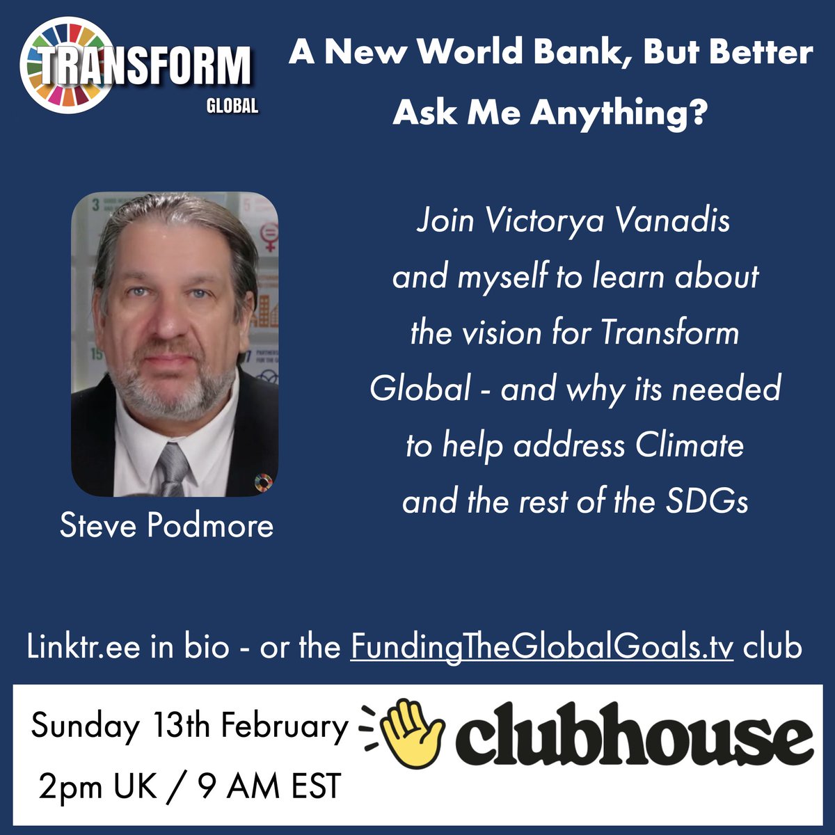 Want to learn about “A New World Bank, but Better! Ask Me Anything? 🔴 Rec” with Víctorya Vanadís in the FundingTheGlobalGoals.tv room - Today, 13 Feb at 2:00 pm GMT On @clubhouse. Join us! clubhouse.com/event/P9gEjaXO…