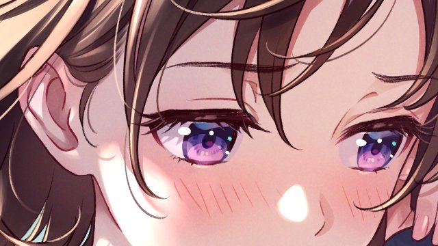 1girl brown hair purple eyes solo blush close-up looking away  illustration images