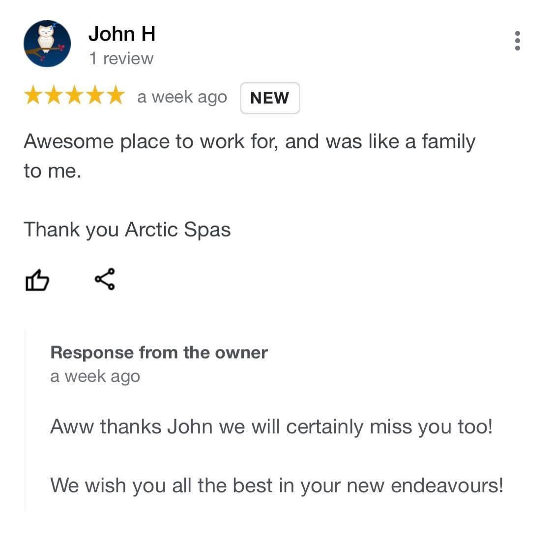 ⭐️ ⭐️ ⭐️ ⭐️ ⭐️ 

Thank You John H  for sharing your experience working with the Arctic Spas Family! You will be an asset to any employer. 

#EmployeeReview #Kitchener #SpaLife #HotTubs #GoogleReviews
arcticspaskitchener.ca