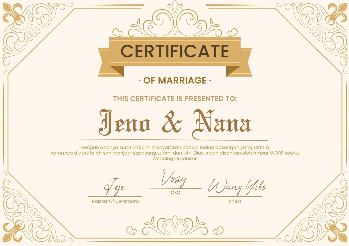 grzass's tweet photo. @jeamin0813 @leejnjn @sjeongg @AmourEORP "Berikut saya sertakan sertifikat nikah yang dikeluarkan oleh Amour sebagai dokumen pernikahan serta sebagai kenang-kenangan dari kami," ucap Yibo sembari menunjukkan sertifikat tersebut kepada kedua mempelai.

#JenoNana4EverJourney https://t.co/HeQoyba3kA