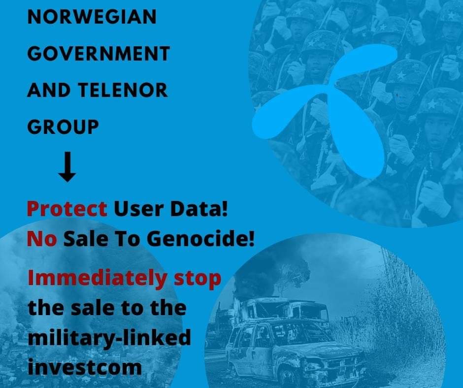 LinYaung3's tweet photo. I am a trusted customer of Telenor.
Protect users data! Do not transfer to terrorist criminal junta! No Sale to Genocide! We urge the Norwegian government and Telenor Group to immediately stop the sale to the military-linked Investcom (Shwe Byine Phyu).
#NoSale2Investcom https://t.co/oFlydLzIAF
