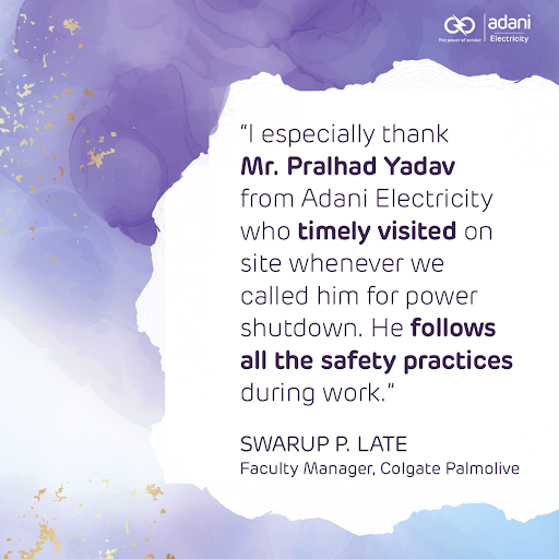 Adani_Elec_Mum's tweet photo. On time, every time!

Upon the request of Swarup P. Late, Faculty Manager, Colgate Palmolive, our #WorkWarrior Mr Pralhad Yadav assisted him in shutting down the power at his facility as scheduled, and receiving words of appreciation and encouragement. :) https://t.co/iFwXzfE1EN