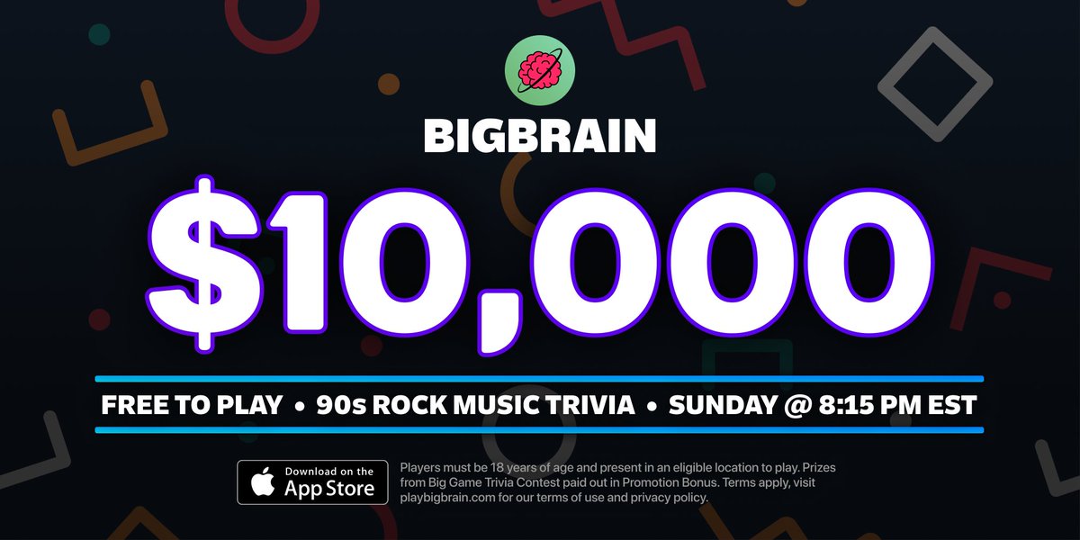 PSST. Hey. We're giving away $10,000 during the halftime show. 8:15pm ET, '90s Rock. Don't you dare miss it.

Download for iOS: appstore.playbigbrain.com
Download for Android: playbigbrain.com/android