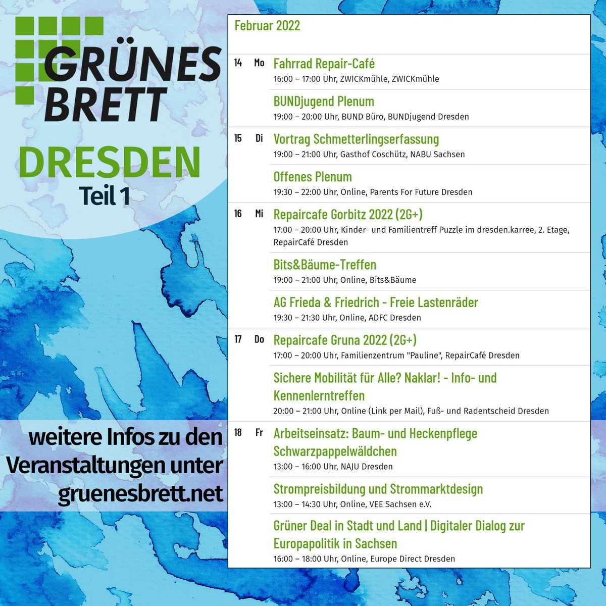 GruenesBrett's tweet photo. KW7 (14.-20.2.) Highlight: Was bedeutet die europäische #Klimapolitik für Städte und Gemeinden vor Ort? @EUROPEDIRECT_DD lädt zum digitalen Dialog über den Green Deal der #EU. U. a. mit den sächs. Staatsminister*innen @Ka_Meier (@SMJusDEG) &amp; Thomas Schmidt (SMR). (18.2., 16 Uhr) https://t.co/n4tOl5iaLD