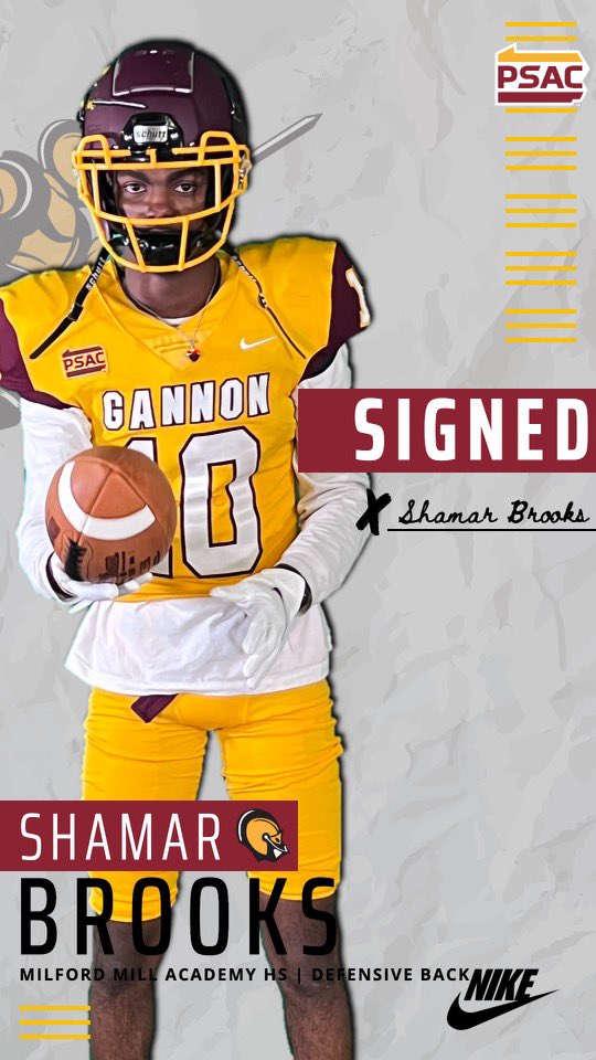 Gannon would like to Welcome Shamar Brooks to the Gannon family. Shamar is a Safety from Milford Mill Academy  HS in Baltimore,MD! <a href="/Iamsb10_/">Shamar Brooks</a>  #TheGoldenWay