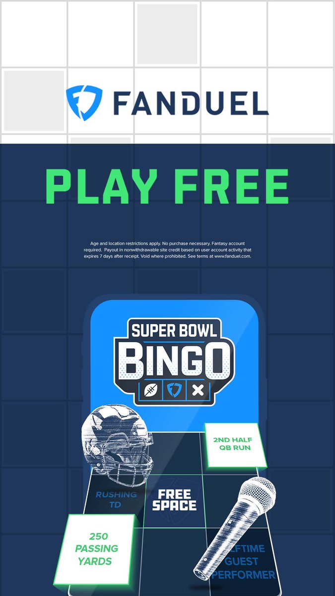 FanDuel’s #1 game is back! Grab your FREE card filled with squares featuring Super Bowl &amp; pop culture moments for a shot at $100,000 in prizes. Get in on the action today!

fanduel.com/superbowlbingo