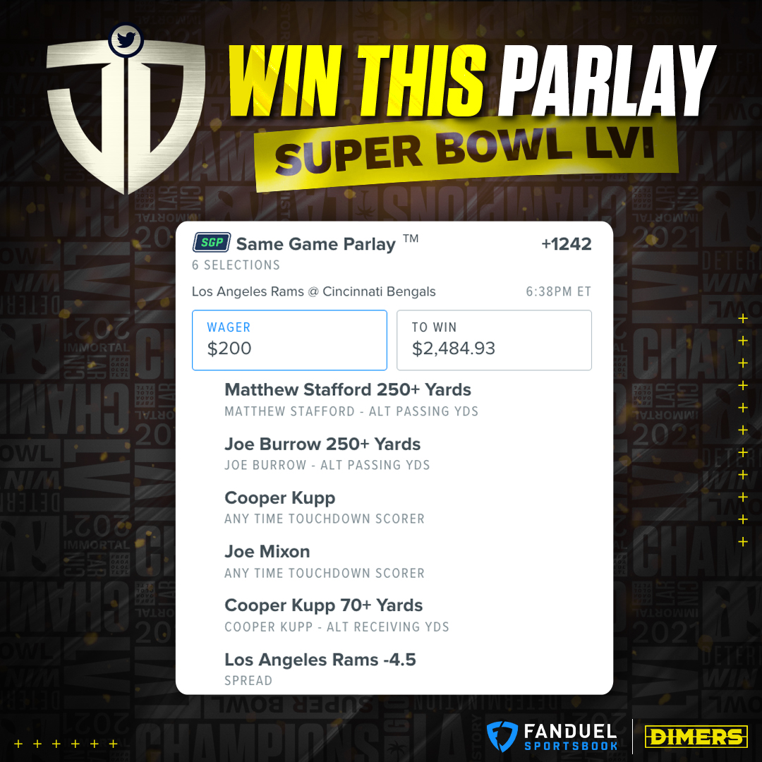 dimerscom's tweet photo. 💰 JD'S PARLAY GIVEAWAY 💰

We've put some money down on @j2110_'s #SuperBowl Same Game Parlay and we're going to share the winnings with 4️⃣ followers if it hits!

To enter:

🚀 Follow @DimersCom 
🚀 Retweet this tweet

Terms: https://t.co/0j0R4xTxS0 https://t.co/26l1WRlU0h