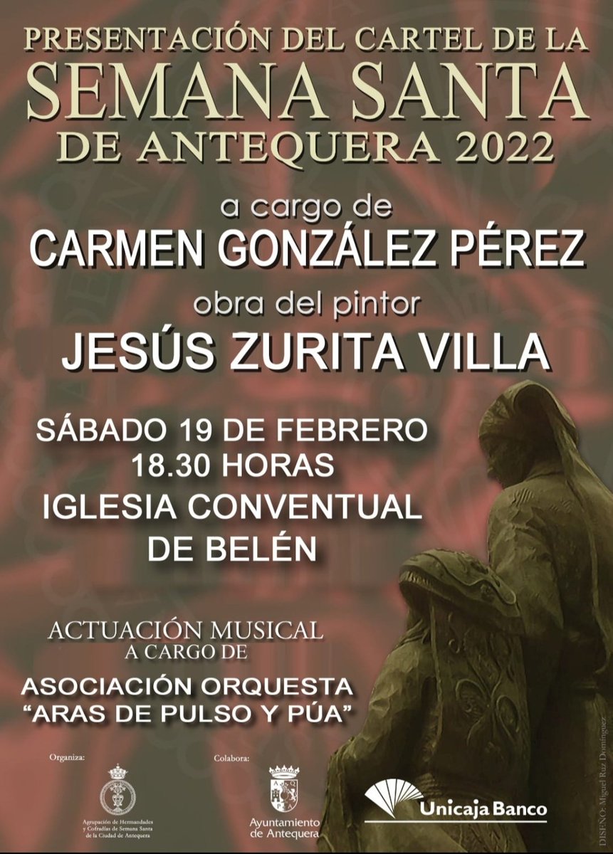 #RECORDATORIO 

El próximo sábado 19 de febrero tendrá lugar la presentación del cartel de la Semana Santa, obra de D. José Zurita y presentado por D. Carmen González a las 18:30.

El acto organizado por la <a href="/AgrCofradiasATQ/">Agrupación de Cofradías de Semana Santa ANTEQUERA</a>  tendrá lugar en nuestra sede canónica.