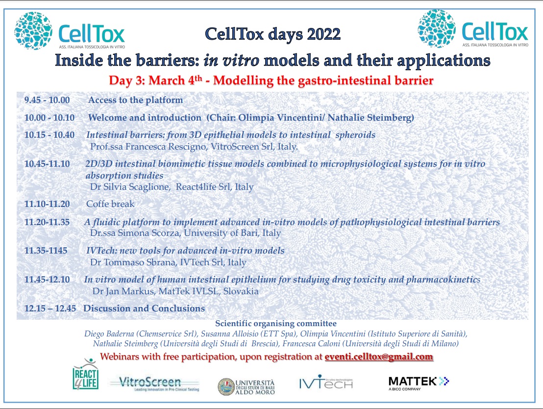 celltoxIT's tweet photo. Il terzo appuntamento con i #CellToxDays 2022 è il 4 marzo con interventi relativi alla barriera gastro-intestinale.
#VitroScreen, @React4life1 , @IVTech1 , @MatTekLifeSci  e #universitàdiBari vi aspettano! https://t.co/0xyxPHHhpF